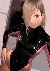 Rule 34 | 1girl, blonde hair, blush, brown eyes, closed mouth, commentary request, covered navel, cowboy shot, eyes visible through hair, hair over one eye, hand on own hip, highleg, highleg leotard, highres, kilye kairi, latex, latex leotard, leaning forward, leotard, looking at viewer, medium hair, original, shiny clothes, skin tight, smile, solo, standing