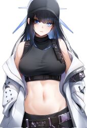 Rule 34 | 1girl, bare shoulders, baseball cap, belt, black belt, black hat, black shirt, blue archive, blue eyes, blue hair, breasts, buckle, chest harness, coat, corrupted twitter file, crop top, doyoon 7, halo, harness, hat, highres, long hair, looking at viewer, medium breasts, midriff, navel, no mask, open clothes, open coat, saori (blue archive), shirt, sleeveless, sleeveless shirt, snap-fit buckle, solo, stomach, underbust, upper body, white background, white coat