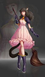 Rule 34 | 1girl, absurdres, animal ears, bell, black footwear, boots, breasts, broom, brown eyes, brown hair, capelet, cat ears, cat tail, cleavage, crossed legs, diandianzai, dress, full body, gauntlets, gradient background, highres, lips, long hair, looking at viewer, medium breasts, nose, original, pink dress, reflection, solo, standing, tail, watson cross, zoom layer
