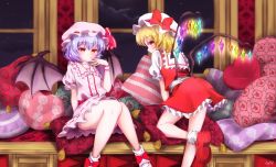 Rule 34 | 2girls, bat wings, blonde hair, bow, commentary request, dress, flandre scarlet, hand up, hat, hat bow, heart, highres, looking at viewer, multiple girls, pillow, pink dress, purple hair, red dress, red eyes, red footwear, remilia scarlet, sash, short hair, siblings, sisters, sitting, tayutai (user xruy3332), touhou, window, wings