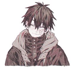 Rule 34 | 1boy, bandaid, bandaid on cheek, bandaid on face, buttons, closed eyes, closed mouth, crosshatching, detached hood, facing viewer, hair between eyes, hatching (texture), head tilt, high collar, highres, hood, hood down, jacket, monochrome, notched ear, ohsoukamo, original, portrait, short hair, simple background, smile, straight-on, unkempt