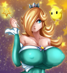 Rule 34 | 1girl, bare shoulders, blonde hair, blue dress, blue eyes, breasts, cleavage, collarbone, covered erect nipples, crown, dress, earrings, fenrox, hair over one eye, highres, impossible clothes, jewelry, large breasts, lips, long hair, long sleeves, looking to the side, luma (mario), mario (series), nail polish, nintendo, parted lips, rosalina, solo, star (symbol), star earrings, starry background, super mario galaxy, teeth, upper body, upper teeth only, wand