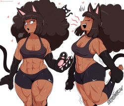 Rule 34 | 1girl, abs, absurdres, afro, animal ears, animal hands, black hair, breasts, breath, brown eyes, cat, cat ears, cat girl, cat paws, cat tail, closed eyes, dark-skinned female, dark skin, elbow gloves, english text, fangs, female focus, gloves, hand on own leg, heart, highres, jinu (jinusenpai), long hair, looking to the side, medium breasts, midriff, motion lines, multiple views, muscular, muscular female, navel, nike (company), open mouth, original, patreon logo, patreon username, shorts, sidelocks, simple background, standing, standing on one leg, stretching, sweat, tail, tareme, thick thighs, thighs, watermark, white background, wide hips