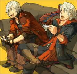 Rule 34 | 00s, 2boys, bad id, bad pixiv id, blue eyes, capcom, couch, dante (devil may cry), devil bringer, devil may cry (series), devil may cry 4, game console, male focus, multiple boys, nero (devil may cry), nessie, nessie (kska), playing games, playstation 3, sitting, video game, white hair