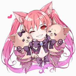 Rule 34 | 1girl, animal ear fluff, animal ears, black bow, blush, bow, breasts, cerberus (shingeki no bahamut), cleavage, commentary request, cropped torso, dog ears, gradient hair, grey background, grin, hair between eyes, hand puppet, head tilt, heart, medium breasts, multicolored hair, one eye closed, pikomarie, pink hair, puppet, red eyes, red hair, shadowverse, simple background, smile, solo, twintails