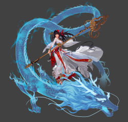 Rule 34 | 00s, 1girl, artist request, bare shoulders, black background, black eyes, black hair, bracelet, breasts, creature, dragon, dungeon and fighter, eastern dragon, female priest (dungeon and fighter), flower, full body, grey background, hair flower, hair ornament, hair stick, hairpin, highres, holding, holding staff, japanese clothes, jewelry, kimono, lips, long hair, long sleeves, looking at viewer, medium breasts, no socks, obi, official art, oversized object, parted lips, red lips, sandals, sash, scales, see-through, shaman (dungeon and fighter), simple background, smile, staff, standing, tassel, white kimono, wide sleeves