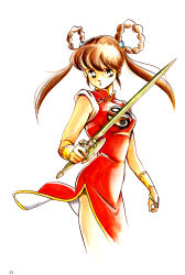 Rule 34 | 1990s (style), 1girl, absurdres, bracelet, breasts, brown hair, china dress, chinese clothes, dress, gold trim, green eyes, highres, holding, holding weapon, jewelry, long hair, mamono hunter youko, mano youko, medium breasts, official art, retro artstyle, scan, simple background, sleeveless, solo, sword, twintails, weapon, white background, yin yang