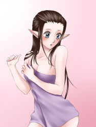 Rule 34 | 1girl, blush, brown hair, long hair, naked towel, nintendo, open mouth, pink background, pointy ears, princess zelda, solo, the legend of zelda, the legend of zelda: twilight princess, towel, wasabi (legemd)