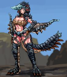 Rule 34 | 1girl, abs, belt, black hair, blue eyes, bra, breasts, chain, claws, commentary request, dragon girl, facial tattoo, full body, gurenzeburu, highres, horns, large breasts, looking at viewer, monster girl, monster hunter (series), navel, panties, personification, scales, scowl, short hair, solo, standing, stomach, tail, tattoo, udetamago, underwear, winged arms, wings