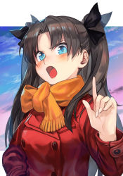 Rule 34 | 1girl, black hair, blue eyes, blue sky, blush, breasts, buttons, coat, fate/stay night, fate (series), hungry clicker, index finger raised, long hair, long sleeves, looking at viewer, medium breasts, open mouth, orange scarf, parted bangs, red coat, scarf, sky, tohsaka rin, two side up