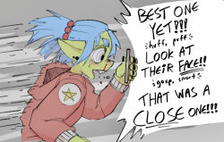 Rule 34 | ^^^, black nails, blood, blue hair, blush, cellphone, ear piercing, earrings, english text, female goblin, gigawix, goblin, hood, hoodie, jewelry, multiple earrings, nail polish, nosebleed, original, phone, piercing, pointy ears, red eyes, red hoodie, short hair, shorts, shortstack, simple background, smartphone, speech bubble, speed lines, star (symbol), sweat, thick eyebrows, thought bubble, two side up