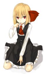 Rule 34 | 1girl, ascot, bad id, bad pixiv id, blonde hair, blood, frills, long sleeves, looking at viewer, miruto netsuki, red eyes, rumia, short hair, simple background, sitting, skirt, smile, solo, tongue, tongue out, touhou, white background