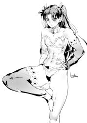Rule 34 | 1girl, abs, bare arms, bare legs, bare shoulders, barefoot, bikini, black hair, black thighhighs, bowalia, earrings, elbow gloves, fate/grand order, fate (series), fingerless gloves, gloves, greyscale, hair ribbon, ishtar (fate), jewelry, long hair, monochrome, muscular, muscular female, necklace, ribbon, simple background, solo, standing, standing on one leg, swimsuit, thighhighs, twintails, white background