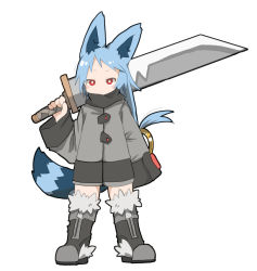 Rule 34 | 1girl, animal ears, blue hair, boots, character request, female focus, konachiu, red eyes, simple background, sleeves past wrists, solo, sword, tail, weapon, white background