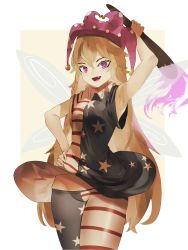 Rule 34 | 1girl, absurdres, alternate hair color, american flag dress, american flag pants, arm up, armpits, border, breasts, brown hair, clownpiece, commentary request, dress, fairy wings, fang, fire, hair between eyes, hand on own hip, hand up, hat, highres, holding, holding torch, jester cap, light brown hair, long hair, looking at viewer, medium breasts, naufaldreamer, neck ruff, no panties, open mouth, outside border, pants, pink fire, pink hat, polka dot, purple eyes, short sleeves, simple background, smile, solo, standing, star (symbol), star print, striped clothes, striped dress, striped pants, tongue, torch, touhou, v-shaped eyebrows, white border, wings, yellow background