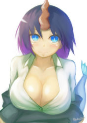 Rule 34 | &gt;:), 10s, 1girl, absurdres, akahuzi, bad id, bad pixiv id, blazer, blue eyes, blush, breasts, brown hair, cleavage, closed mouth, collarbone, collared shirt, dragon girl, dragon tail, dress shirt, elma (maidragon), highres, horns, jacket, kobayashi-san chi no maidragon, large breasts, looking at viewer, off shoulder, open clothes, open shirt, purple hair, shirt, single horn, slit pupils, smile, solo, tail, twitter username, upper body, v-shaped eyebrows, white shirt, wing collar