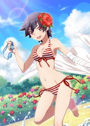 Rule 34 | 1girl, bad id, bad twitter id, bandaged arm, bandages, bare legs, bare shoulders, barefoot, beach, bikini, black hair, blue sky, breasts, brown eyes, bush, day, flower, goggles, hair between eyes, hair flower, hair ornament, highres, holding, holding clothes, holding goggles, holding jacket, jacket, kanbaru suruga, leg up, lens flare, looking at viewer, medium breasts, monogatari (series), monogatari series puc puc, official art, open mouth, red bikini, short hair, sky, solo, splashing, striped bikini, striped clothes, swimsuit, watanabe akio, white jacket