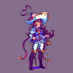 Rule 34 | 1girl, ange (granblue fantasy), boots, brown hair, closed eyes, granblue fantasy, hat, long hair, lowres, open mouth, pixel art, rapier, simple background, solo, sword, tnitor, wavy hair, weapon