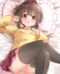 Rule 34 | 1girl, absurdres, ass, bare shoulders, bed sheet, blush, breasts, brown hair, brown thighhighs, commentary request, crossed legs, frilled pillow, frills, hair between eyes, hair ornament, hair scrunchie, hand up, high ponytail, highres, hori yuuko, idolmaster, idolmaster cinderella girls, long hair, long sleeves, off-shoulder, off-shoulder sweater, off shoulder, panties, pillow, pleated skirt, ponytail, red eyes, red scrunchie, red skirt, scrunchie, skirt, sleeves past wrists, small breasts, solo, sora (silent square), sweater, thighhighs, underwear, white panties, yellow sweater