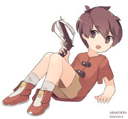 Rule 34 | 1boy, arakokra, bare legs, bow (weapon), brown eyes, brown shorts, child, commentary, crossbow, dart gun, english commentary, fantasy, holding, holding weapon, male focus, open mouth, original, shorts, simple background, socks, solo, weapon, white background