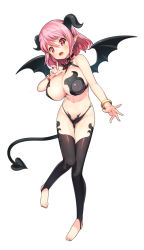 Rule 34 | 1girl, :d, bare arms, bare shoulders, bikini, black bikini, black thighhighs, blush, bracelet, breasts, cleavage, demon girl, demon horns, demon tail, demon wings, fang, full body, hair between eyes, halterneck, horns, jewelry, large breasts, looking at viewer, maoujou no chef, navel, official art, open mouth, pink eyes, pink hair, pointy ears, short hair, simple background, smile, solo, stomach, swimsuit, tail, thighhighs, toeless legwear, toes, white background, wings, yamacchi