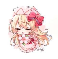 Rule 34 | 1girl, artist name, blonde hair, blush, capelet, closed eyes, dress, fairy, fairy wings, flower, full body, hair between eyes, hat, highres, lily white, long hair, long sleeves, open mouth, pink flower, pudding (skymint 028), signature, simple background, smile, solo, touhou, white background, white capelet, white dress, white hat, wings