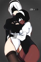 Rule 34 | 2girls, alternate color, black blindfold, black hair, black vs white, blindfold, breasts, cleavage, cleavage cutout, clothing cutout, dark-skinned female, dark skin, dual persona, feather-trimmed sleeves, female focus, gloves, hairband, highleg, highleg leotard, leotard, long sleeves, md5 mismatch, mole, multiple girls, nier (series), nier:automata, puffy sleeves, selfcest, simple background, skindentation, smile, soul calibur, soulcalibur, soulcalibur vi, thighhighs, white background, white blindfold, white hair, 2b (nier:automata), 2p (nier:automata), yuri