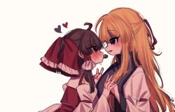Rule 34 | 2girls, absurdres, blonde hair, blush, bow, brown hair, chocolate, commentary request, detached sleeves, eye contact, food in mouth, frilled bow, frilled hair tubes, frills, hair bow, hair tubes, hakurei reimu, heart, highres, holding hands, interlocked fingers, korean commentary, long hair, long sleeves, looking at another, multiple girls, no headwear, open mouth, purple tabard, red bow, tabard, tohou89, touhou, valentine, yakumo yukari, yuri