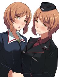 Rule 34 | 10s, 2girls, bad id, bad pixiv id, black hat, blush, brown hair, buttons, chestnut mouth, collared shirt, dual persona, eyebrows, garrison cap, girls und panzer, hat, holding hands, jacket, long sleeves, looking at viewer, military, military uniform, multiple girls, nishizumi miho, parted lips, red shirt, school uniform, shirt, short hair, siblings, side-by-side, sisters, smile, takato kurosuke, uniform, upper body