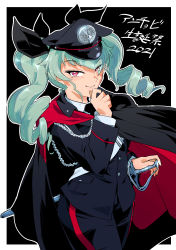 Rule 34 | 1girl, absurdres, aiguillette, alternate costume, anchovy (girls und panzer), anzio (emblem), bandana, birthday, black bandana, black cape, black hat, black jacket, black necktie, black pants, black ribbon, blazer, cape, carabinieri, character name, closed mouth, commentary request, cowboy shot, dated, dress shirt, drill hair, emblem, girls und panzer, green hair, hair ribbon, half-closed eyes, hand on own chin, hand on weapon, hat, highres, jacket, long hair, looking at viewer, military hat, necktie, outline, outside border, pants, partial commentary, peaked cap, red cape, red eyes, ribbon, saber (weapon), shinkuukan (tetsuo3), shirt, single vertical stripe, smile, solo, standing, sword, translated, twin drills, twintails, two-sided cape, two-sided fabric, weapon, white outline, white shirt