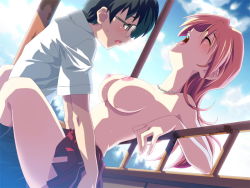 Rule 34 | 1boy, 1girl, arched back, black hair, blush, breasts, clothed sex, cloud, couple, day, dutch angle, closed eyes, fence, game cg, glasses, hetero, ichinose kyou, imitation lover, izumi mahiru, jewelry, kneehighs, kurusu itsuki, large breasts, leg lock, long hair, miniskirt, necklace, nipples, open mouth, orange hair, orgasm, outdoors, pleated skirt, red hair, screaming, sex, short hair, skirt, sky, socks, sweat, thighhighs, thighs, topless