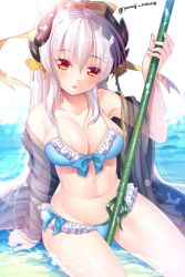 Rule 34 | 1girl, arm support, bikini, blue bikini, bow, bow bikini, breasts, cleavage, collarbone, day, dragon horns, fate/grand order, fate (series), frilled bikini, frills, groin, hair bow, hair ornament, holding, holding weapon, horns, kiyohime (fate), kiyohime (fate/grand order), kiyohime (swimsuit lancer) (fate), kiyohime (swimsuit lancer) (third ascension) (fate), lance, long hair, looking at viewer, medium breasts, navel, outdoors, parted lips, polearm, ponytail, red eyes, see-through, shawl, sitting, solo, swimsuit, twitter username, water, weapon, wet, white hair, yanagi akane (yousei kinoko), yellow bow