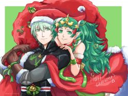 Rule 34 | 1boy, 1girl, armor, bare shoulders, black armor, bow, braid, brown gloves, byleth (fire emblem), byleth (male) (fire emblem), cape, christmas, christmas ornaments, closed mouth, dress, fire emblem, fire emblem: three houses, fire emblem heroes, floating, fur-trimmed cape, fur-trimmed dress, fur trim, gloves, green background, green eyes, green hair, green ribbon, hair between eyes, hair ornament, hair ribbon, hat, holding, holding sack, long hair, looking at viewer, merry christmas, nintendo, pointy ears, red bow, red cape, red dress, red ribbon, ribbon, ribbon braid, sack, santa costume, santa hat, short hair, sierra117renner, simple background, smile, sothis (fire emblem), star (symbol), tiara, twin braids