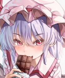 Rule 34 | 1girl, absurdres, blue hair, candy, chocolate, chocolate bar, collared shirt, eating, food, hat, hat ribbon, highres, looking at viewer, mahoro (minase mahoro), mob cap, pink hat, pink shirt, portrait, red eyes, red ribbon, remilia scarlet, ribbon, shirt, solo, touhou, white background