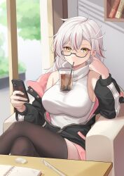 Rule 34 | 1girl, absurdres, ahoge, armpit crease, bare shoulders, black jacket, breasts, brown thighhighs, bubble tea, bubble tea challenge, crossed legs, cup, disposable cup, glasses, hand up, high collar, highres, holding, holding phone, jacket, large breasts, long hair, long sleeves, looking at viewer, looking over eyewear, multicolored hair, object on breast, off shoulder, open clothes, open jacket, original, phone, semi-rimless eyewear, shirt, sitting, sleeveless, sleeveless shirt, solo, streaked hair, thighhighs, under-rim eyewear, white hair, white shirt, xiao fei, yellow eyes