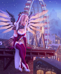 Rule 34 | 1girl, armor, bangle, belt, belt buckle, bird, blonde hair, blue eyes, bracelet, breasts, buckle, building, cafe, christmas, christmas lights, cleavage, crossed legs, dated, dress, elbow gloves, faulds, ferris wheel, fog, foot dangle, full body, fur-trimmed legwear, fur trim, gloves, glowing, glowing wings, grey scarf, hair over one eye, half-timbered, halo, hat, high heels, highres, holly, jewelry, large breasts, leaning forward, legs together, leo queval, leotard, light smile, looking away, mechanical halo, mechanical wings, mercy (overwatch), mole, mole on breast, mountain, night, nose, on roof, outdoors, overwatch, overwatch 1, pauldrons, pelvic curtain, pink lips, red dress, red gloves, red thighhighs, rooftop, santa costume, santa hat, scarf, shoes, shoulder armor, sign, signature, sitting, sky, sleeveless, snowing, solo, spread wings, swiss flag, thighhighs, town, white footwear, window, window shutter, winged footwear, wings, yellow wings