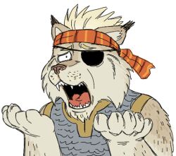 Rule 34 | 1boy, armor, blonde hair, chainmail, daxratchet, eyepatch, facial hair, furrification, furrowed brow, furry, furry male, goatee, hands up, headband, male focus, mature male, mustache, parody request, red headband, short hair, solo, spiked hair, thick eyebrows, thorkell, upper body, vinland saga