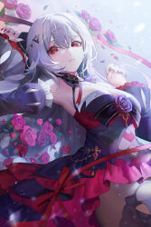 Rule 34 | 1girl, absurdres, arm up, armpits, bare shoulders, black dress, black sleeves, breasts, chyoel, commentary request, detached sleeves, dress, flower, frilled sleeves, frills, grey hair, hair between eyes, hand up, highres, honkai (series), honkai impact 3rd, korean commentary, long hair, long sleeves, looking at viewer, theresa apocalypse (luna kindred), lying, medium breasts, nail polish, on back, purple flower, purple rose, red eyes, red nails, rose, sleeves past wrists, solo, theresa apocalypse, theresa apocalypse (luna kindred), theresa apocalypse (lunar vow: crimson love), very long hair, wide sleeves