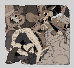 Rule 34 | 1girl, 2boys, animal ears, animal skull, beads, belt, black gloves, boots, box, breasts, brown dress, clenched teeth, cloak, covered eyes, dress, fur-trimmed boots, fur-trimmed dress, fur-trimmed hood, fur-trimmed jacket, fur-trimmed sleeves, fur cloak, fur trim, gloves, grey background, hair rings, hood, hood up, hooded cloak, in box, in container, jacket, kenkon no washi, knees together feet apart, li sakura, lying, mask, multiple boys, on back, open mouth, outstretched arm, pantyhose, ponytail, pushing away, sash, sidelocks, skull mask, stuck, sweat, teeth, wolf ears, wolf mask