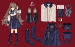 Rule 34 | 1girl, :/, black footwear, blue bow, blue bowtie, blue eyes, blue hair, bow, bowtie, character sheet, closed mouth, elisia valfelto, equipment layout, fingernails, full body, hair intakes, hand up, high-waist skirt, highres, long hair, long sleeves, looking at viewer, luicent, original, pigeon-toed, purple skirt, purple socks, shirt, shoes, simple background, skirt, socks, solo, very long hair, white background, white shirt