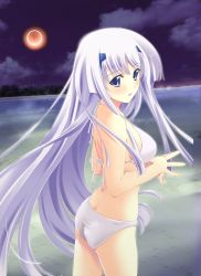 Rule 34 | 1girl, absurdres, ass, bikini, blush, cowboy shot, eclipse, from side, hair ornament, highres, inia sestina, light purple hair, long hair, looking at viewer, looking back, miyata sou, muv-luv, own hands together, parted lips, purple eyes, scan, sidelocks, solo, steepled fingers, swimsuit, very long hair, white bikini