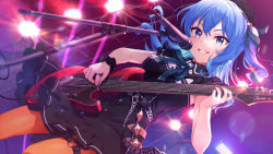 Rule 34 | 1girl, blue eyes, blue hair, breasts, cable, commentary request, electric guitar, grin, guitar, hololive, hoshimachi suisei, hoshimachi suisei (streetwear), instrument, jewelry, lights, microphone stand, mikami nacaba, music, nail polish, neck ribbon, official alternate costume, official art, orange nails, orange pantyhose, pantyhose, playing instrument, ribbon, ring, scrunchie, small breasts, smile, solo, star (symbol), star in eye, symbol in eye, teeth, thigh strap, virtual youtuber, wrist scrunchie