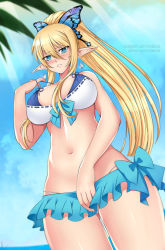 Rule 34 | 1girl, bare shoulders, beach, bikini, bikini skirt, blonde hair, blue eyes, blue one-piece swimsuit, blue sky, blush, breasts, butterfly hair ornament, cleavage, clothes pull, hair between eyes, hair ornament, holding, holding clothes, holding skirt, kirika towa alma, large breasts, lindaroze, long hair, looking at viewer, navel, one-piece swimsuit, one-piece swimsuit pull, open mouth, palm tree, pointy ears, shining (series), shining resonance, skirt, sky, smile, solo, swimsuit, thighs, tree