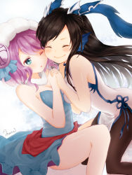 Rule 34 | 2girls, ;o, artist name, bare shoulders, black hair, black legwear, blue dress, blue eyes, blush, breast press, breasts, cheek-to-cheek, china dress, chinese clothes, cleavage, dragon girl, dragon horns, dress, fins, fur trim, hat, head fins, heads together, holding hands, horns, interlocked fingers, karin (p&amp;d), kneeling, legs, long hair, multiple girls, one eye closed, open mouth, pantyhose, purple hair, puzzle &amp; dragons, riku manoue, short hair, sitting, skuld (p&amp;d), smile, strapless, strapless dress, symmetrical docking, wavy mouth, white dress
