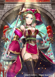 Rule 34 | 1girl, bare shoulders, black panties, black thighhighs, blue eyes, blurry, blurry background, blush, breasts, castle, character request, cleavage, collarbone, commentary request, detached sleeves, dress, from below, frown, gabiran, green hair, holding, holding sword, holding weapon, large breasts, long hair, outdoors, panties, pink dress, shinkai no valkyrie, solo, sword, thighhighs, translation request, underwear, weapon