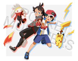 Rule 34 | ash ketchum, baseball cap, black footwear, black hair, blue eyes, blue vest, brown hair, clenched hand, creatures (company), game freak, gen 1 pokemon, gen 8 pokemon, goh (pokemon), grey shirt, hat, highres, holding, holding poke ball, leg up, looking at viewer, nintendo, open mouth, outstretched arm, pikachu, poke ball, pokemon, pokemon (anime), pokemon (creature), pokemon journeys, raboot, red headwear, shirt, short hair, smile, teeth, vest, white shirt