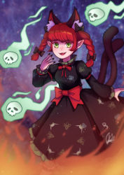 Rule 34 | 1girl, :3, :d, absurdres, alternate eye color, animal ears, black bow, black nails, blurry, blurry background, bow, braid, cat ears, cat tail, dress, extra ears, fangs, feet out of frame, green eyes, highres, hitodama, juliet sleeves, kaenbyou rin, long sleeves, looking at viewer, multiple tails, nail polish, nekomata, open mouth, pointy ears, puffy sleeves, pujol art, red hair, simple background, skull, smile, solo, tail, touhou, twin braids, two tails