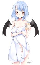 Rule 34 | 1girl, bad id, bad pixiv id, black wings, blue hair, breasts, brown eyes, hair ornament, highres, holding, long hair, looking at viewer, maremay0513, naked towel, nipples, remilia scarlet, signature, simple background, small breasts, solo, touhou, towel, white background, white towel, wings