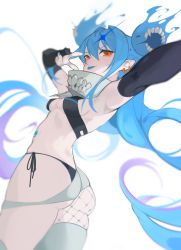 Rule 34 | 1girl, :p, arm up, armpits, ass, bikini, black bikini, black gloves, blue hair, blue nails, blurry, breasts, cleavage, depth of field, double bun, dutch angle, earrings, elbow gloves, fataaa, fishnets, from side, gloves, hair between eyes, hair bun, indie virtual youtuber, jewelry, kamura nana, long hair, looking at viewer, multiple earrings, nail polish, orange eyes, outstretched arms, partially fingerless gloves, side-tie bikini bottom, simple background, small breasts, solo, stomach tattoo, swimsuit, tattoo, thighhighs, tongue, tongue out, underboob, v, very long hair, virtual youtuber, white background, white thighhighs