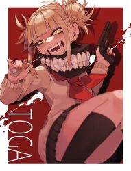 Rule 34 | 1girl, black skirt, black socks, blonde hair, blood, blood from mouth, blunt bangs, blush, boku no hero academia, cardigan, character name, commentary, double bun, fangs, feet out of frame, gun, hair bun, handgun, highres, holding, holding gun, holding weapon, long sleeves, looking at viewer, nail polish, neckerchief, open mouth, pleated skirt, prat rat, red background, red nails, red neckerchief, short hair, skirt, smile, socks, solo, toga himiko, trigger discipline, weapon, yellow eyes